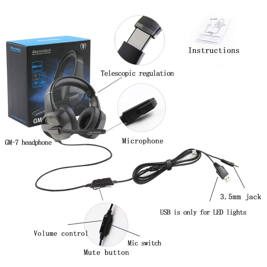 BEEXCELLENT GM-7 RGB Gaming Headset with 7.1 Surround Sound, Noise-Cancelling Microphone, and LED Lighting